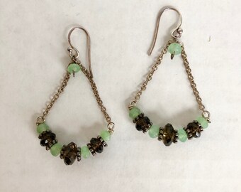 Smoke quartz and green quartz fan shaped earrings in sterling silver