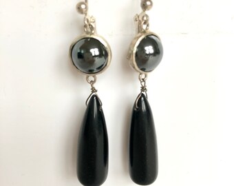 Pyrite and Onyx  long earrings set in sterling silver