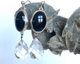 Black Onyx and Natural clear quartz earrings