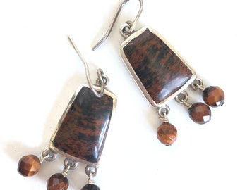 Handmade trapezoid shaped earring in three different options with mother of pearl or brown obsidian all set in sterling silver.
