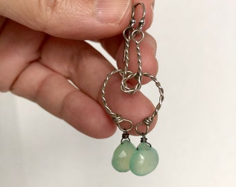 Hand-twisted sterling silver earrings with small green chalcedony drops
