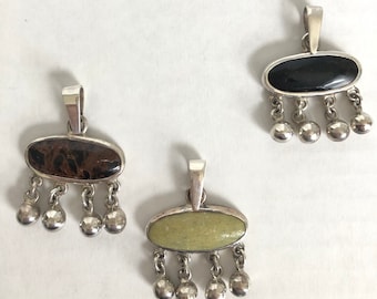 Handmade Oval pendant with silver drops in serpentine, black or brown obsidian set in sterling silver