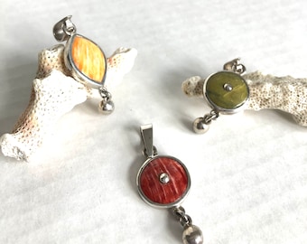 Handmade small pendants in spiny oyster or serpentine, set in sterling silver