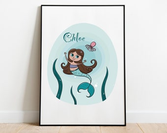 Personalised Mermaid Girls Print | Personalised Mermaid Nursery Print | Custom Mermaid Wall Decor | Girl Mermaid Poster | Baby Girl Gift