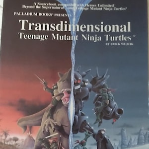 May include: A book cover for "Transdimensional Teenage Mutant Ninja Turtles" by Erick Wujcik. The cover features a split image of a dinosaur-like creature and a robotic figure, with Teenage Mutant Ninja Turtles characters in the foreground.