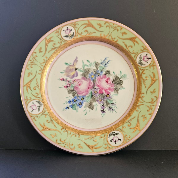 RS Prussia Hand Decorated Plate- Mint and Gold- 9-inch Diameter- Vintage Collectable