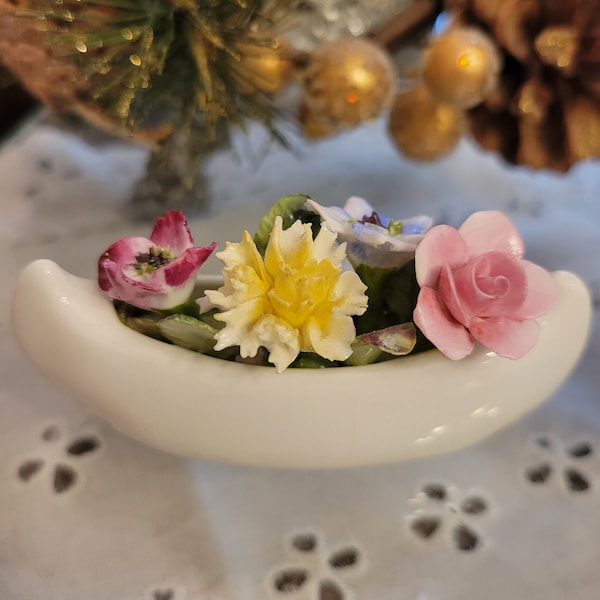 Coalport Canoe Figurine, Bone China, Vintage Miniature Flower Bouquet