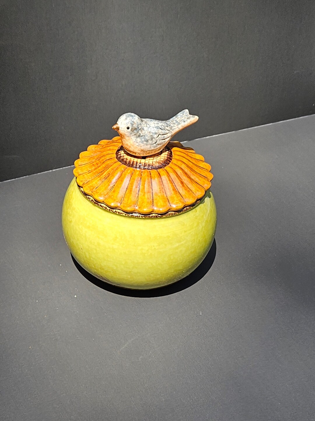 Vintage Jam Jar, Grassland Roads, Chartreuse and Brown With Bird