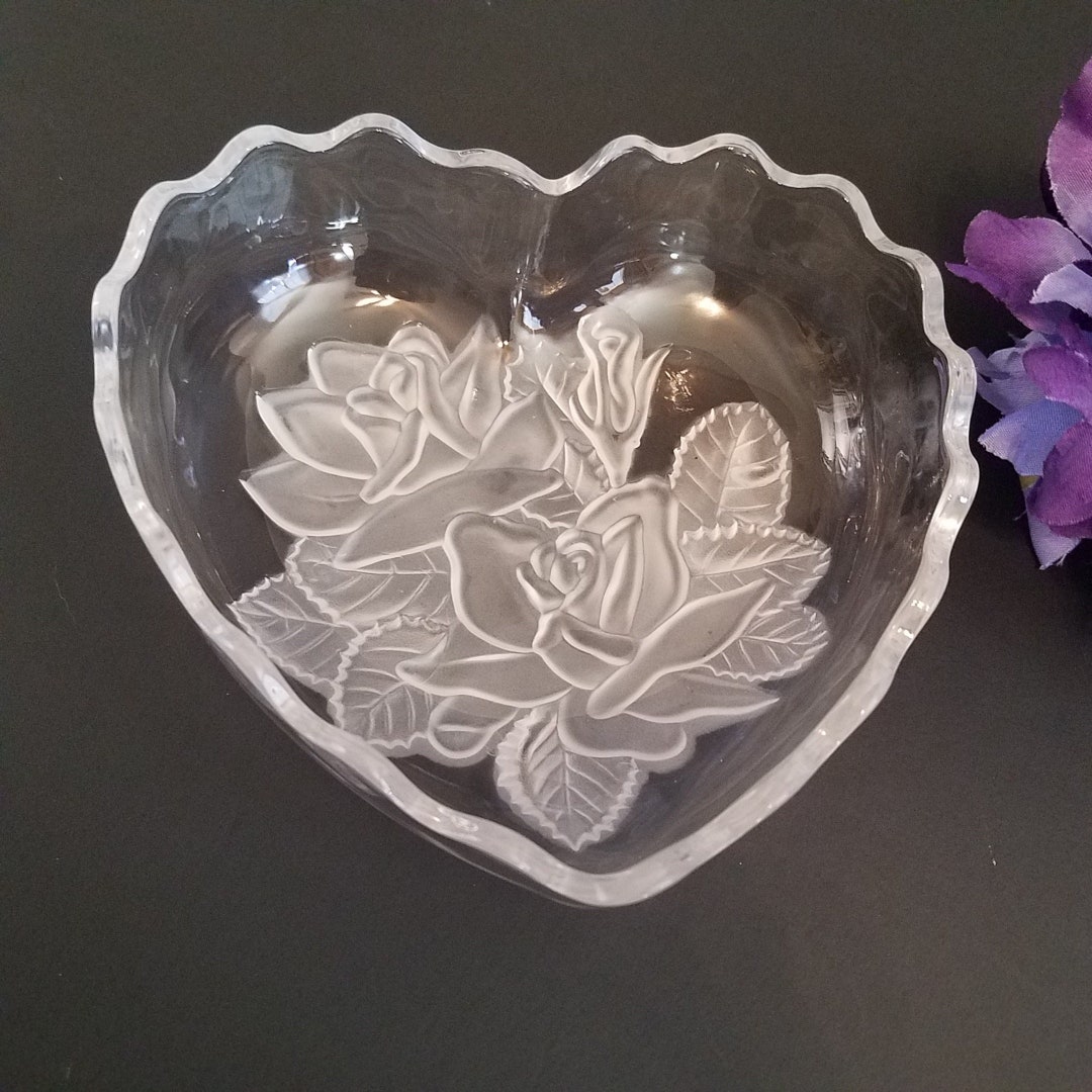 Heart Candy Dish, Scalloped Edge, Frosted Roses, Vintage Etsy