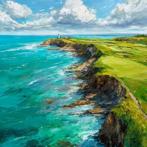 May include: An oil painting of a coastal scene with a lighthouse on a cliff. The artwork shows turquoise water, a green grassy cliff, and a blue sky with white clouds. The painting captures the natural beauty of the ocean and coastline, with a focus on the lighthouse.