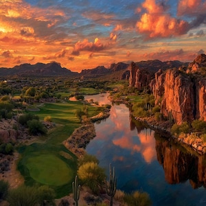 May include: A scenic landscape of a golf course at sunset. The image features a river winding through the course, with green fairways, rocky cliffs, and a vibrant sky filled with orange and blue hues. Cacti are visible in the foreground.