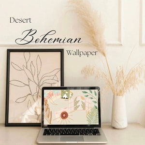 Boho Desktop Home Screen Wallpaper, Plants, Gold accents, aesthetic