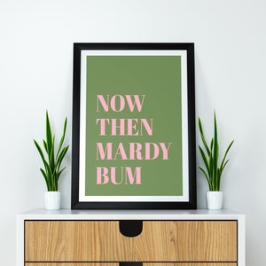 May include: A framed art print with the words "NOW THEN MARDY BUM" in pink lettering on a green background. The black frame sits on a white and wood-toned cabinet, flanked by two small potted plants.