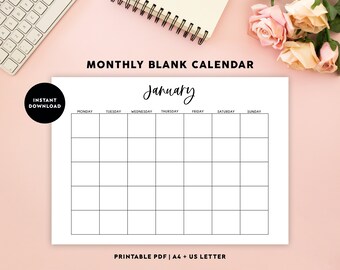 Blank Monthly Calendar Printable: Undated Planner (A4, US Letter PDF)
