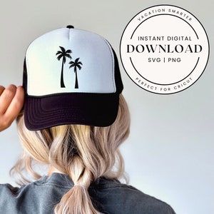 Twee palmbomen SVG-bestand, eenvoudige palmbomen PNG downloaden, eenvoudig Cricut bestand voor tropische strandvakantie, Hawaii, Mexico, Phoenix, boomontwerp