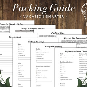 May include: A printable packing guide with checklists for toiletries, carry-on items, and before-you-leave essentials. The guide includes sections for tops, bottoms, shoes, health, skin, teeth, comfort, work, last-second toiletries, identification and money, carry-on bag, and house.