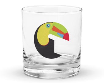 Toucan Glass Tumbler, Lowball Glass, Rocks Glass, Original Graphic Art, Bird Lover Gift, Tropical Bird