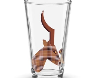 Deer Head Pint Glass: Original Graphic Art, Home Bar Decor, Deer and Owl, Plaid Deer