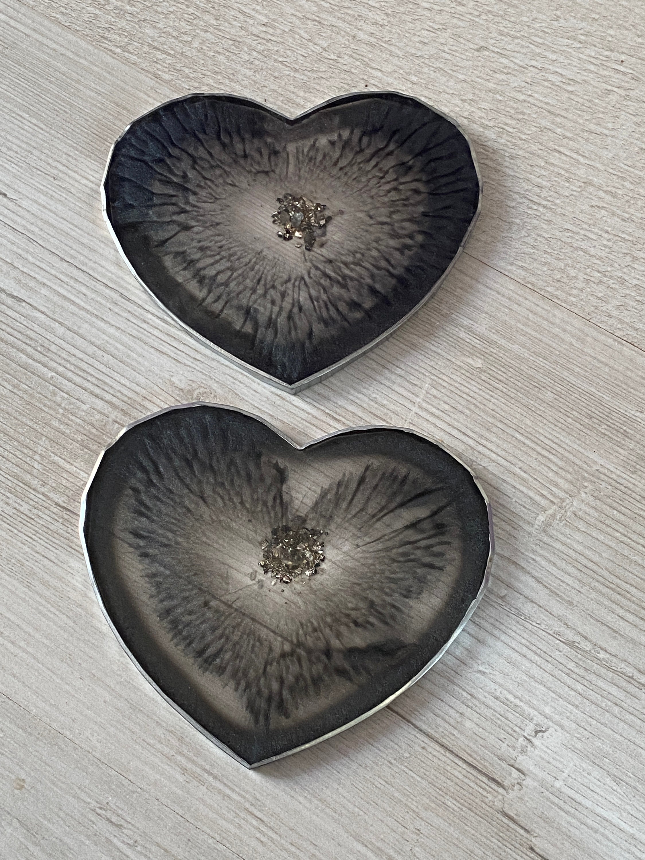Resin Coasters. Heart Shaped Coasters With Faceted Edges in Dark Grey