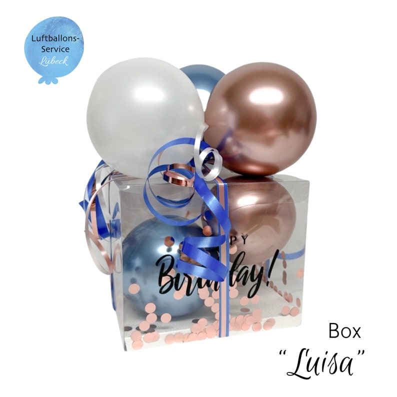 Personalisierte Ballon-Box Groß, Geschenkbox, Geschenkverpackung, Luftballons Rosé • Saphir • Weiß