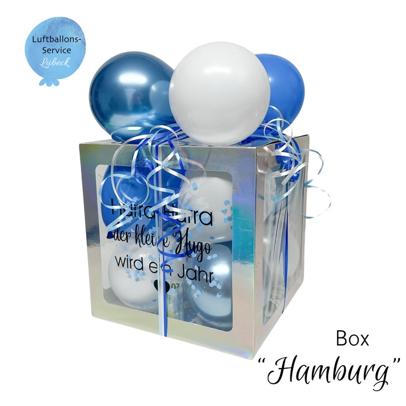 Personalisierte Ballon-Box Groß, Geschenkbox, 30x30x30cm, Geschenkverpackung, freundschaft, personalisiertes Geschenk Hochzeit, Geburtstag Blau • Saphir • Weiß