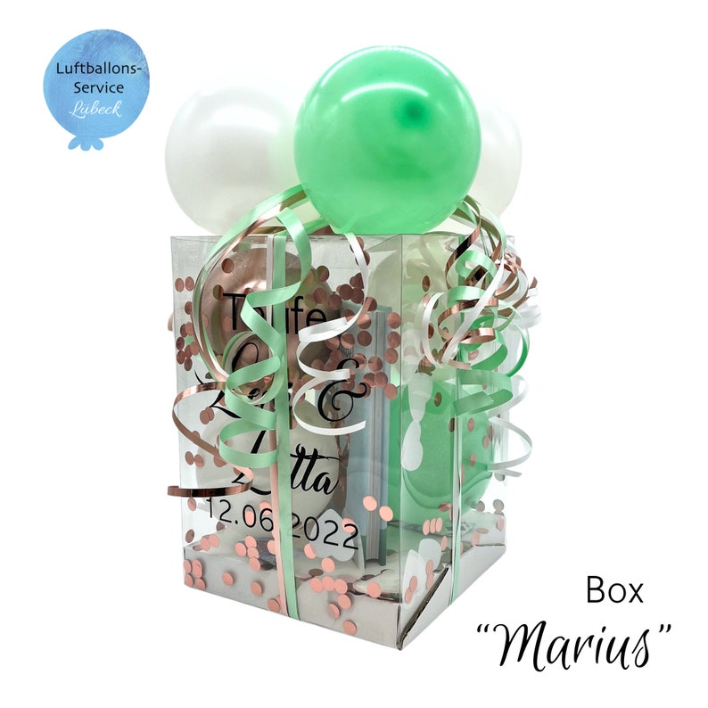 Personalisierte Ballon-Box Groß, Geschenkbox, Geschenkverpackung, Luftballons Kupfer • Mint • Weiß