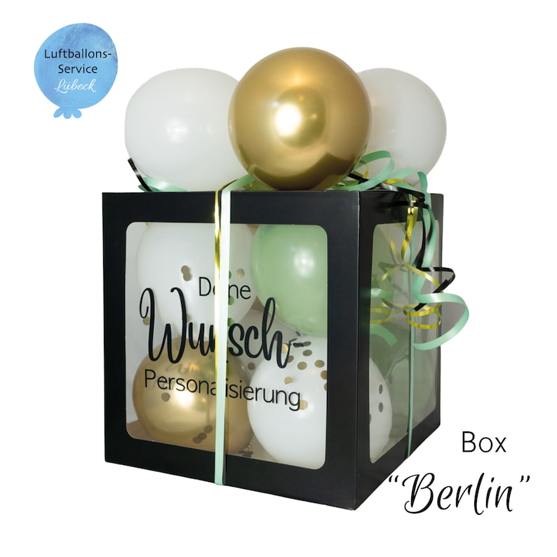 Personalisierte Ballon-Box Groß, Geschenkbox, 30 x 30 x 30 cm, Geschenkverpackung, Luftballons Eukal. • Gold • Weiß