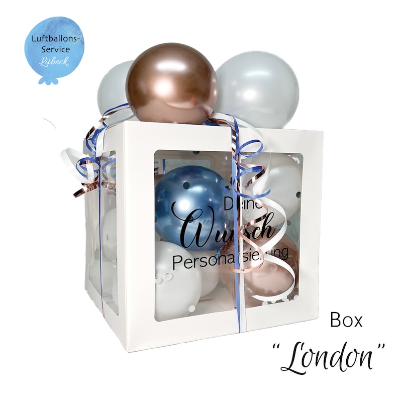 Personalisierte Ballon-Box Groß, Geschenkbox, 30x30x30cm, Geschenkverpackung, freundschaft, personalisiertes Geschenk Hochzeit, Geburtstag Rosé • Weiß • Saphir