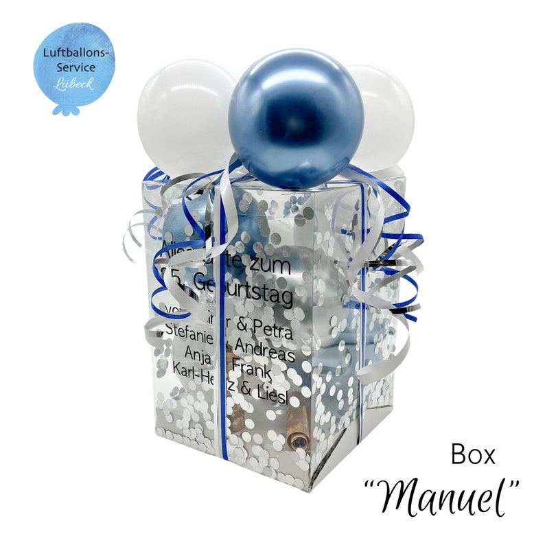 Personalisierte Ballon-Box Groß, Geschenkbox, Geschenkverpackung, Luftballons Blau • Weiß • Silber