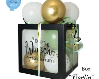 Boîte à ballons personnalisée « Berlin » 30 x 30 x 30 cm Texte souhaité Emballage cadeau Ballons Coffret cadeau Mariage Baptême Amour Surprise