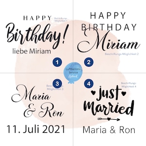 Op de afbeelding: Vier verschillende ontwerpen op een lichtroze achtergrond. Het eerste ontwerp zegt "Happy Birthday! liebe Miriam". Het tweede ontwerp zegt "Happy Birthday Miriam". Het derde ontwerp zegt "Maria & Ron 11. Juli 2021". Het vierde ontwerp zegt "just married Maria & Ron".