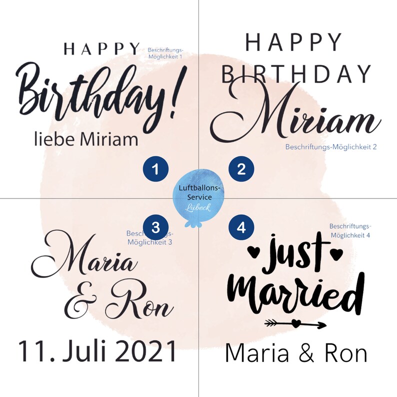 Op de afbeelding: Vier verschillende ontwerpen op een lichtroze achtergrond. Het eerste ontwerp zegt "Happy Birthday! liebe Miriam". Het tweede ontwerp zegt "Happy Birthday Miriam". Het derde ontwerp zegt "Maria & Ron 11. Juli 2021". Het vierde ontwerp zegt "just married Maria & Ron".