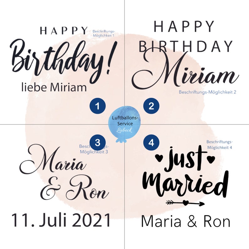 May include: Four different designs on a light pink background. The first design says "Happy Birthday! liebe Miriam". The second design says "Happy Birthday Miriam". The third design says "Maria & Ron 11. Juli 2021". The fourth design says "just married Maria & Ron".