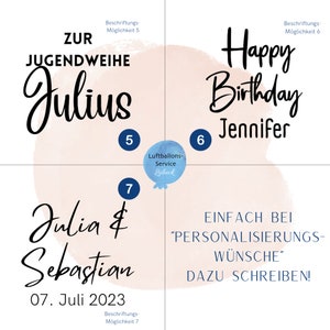Op de afbeelding: Een roze en witte aquarel achtergrond met vier verschillende tekstontwerpen. Het ontwerp linksboven zegt "ZUR JUGENDWEIHE Julius" met het nummer 5 in een blauwe cirkel. Het ontwerp rechtsboven zegt "Happy Birthday Jennifer" met het nummer 6 in een blauwe cirkel. Het ontwerp linksonder zegt "Julia & Sebastian 07. Juli 2023" met het nummer 7 in een blauwe cirkel. Het ontwerp rechtsonder zegt "EINFACH BEI "PERSONALISIERUNGS-W&Uuml;NSCHE" DAZU SCHREIBEN!" met een blauwe cirkel met de tekst "Luftballons-Service L&uuml;beck".