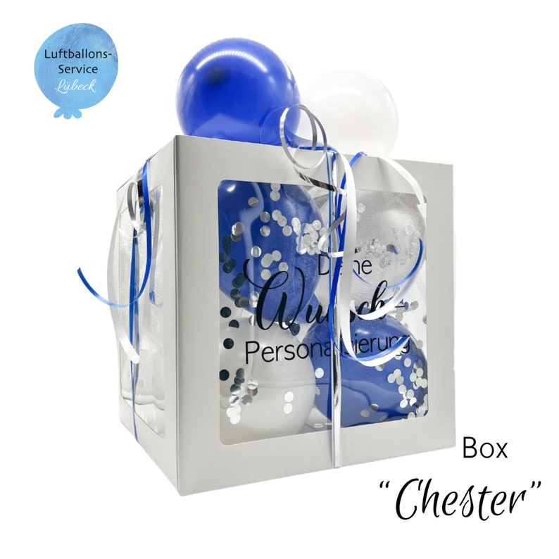 Personalisierte Ballon-Box Groß, Geschenkbox, 30x30x30cm, Geschenkverpackung, freundschaft, personalisiertes Geschenk Hochzeit, Geburtstag Blau • Weiß