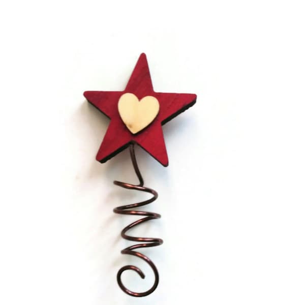 Mini Red Wooden Tree Star with Heart for Christmas Miniature Tree