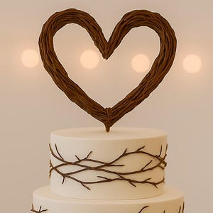 Puede incluir: Un pastel blanco de cuatro pisos con decoraciones marrones en forma de ramas y un gran adorno en forma de corazón. El pastel se asienta sobre una base de madera, perfecto para una boda o celebración rústica.