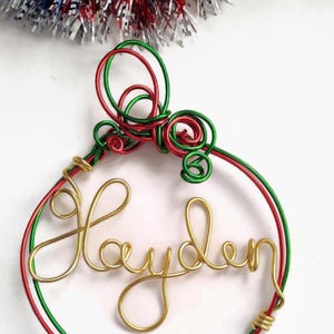 Name Ornament in Red Silver & Green With Personalization