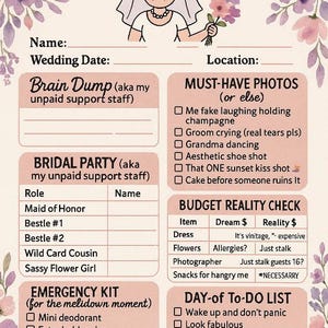 Puede incluir: Una divertida lista de verificación para la planificación de bodas titulada "Bridezilla in Training". El diseño presenta una novia de dibujos animados con una expresión de enfado, rodeada de detalles florales. La lista incluye secciones para fotos imprescindibles.