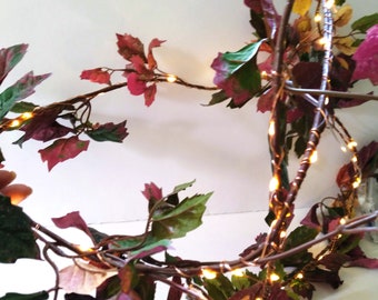 Lighted Leaves Garland in Burgundy with LED Lights - Mantel or Table Runner