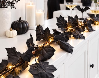Lighted Black Leaves Garland With LED Lights, 6 Feet - Parties, Halloween Decor