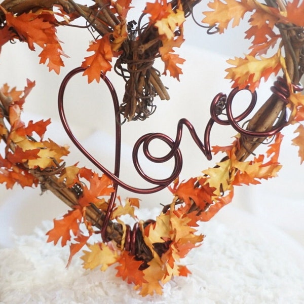 Love Fall Cake Topper with Orange Autumn Leaves