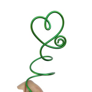 May include: A green metal wire heart with a spiral stem.