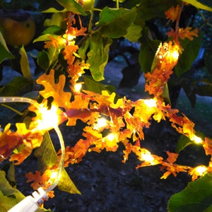 May include: String of warm white fairy lights wrapped around artificial fall leaves in shades of orange and brown. The lights are strung on a clear wire and are illuminated against a dark background.