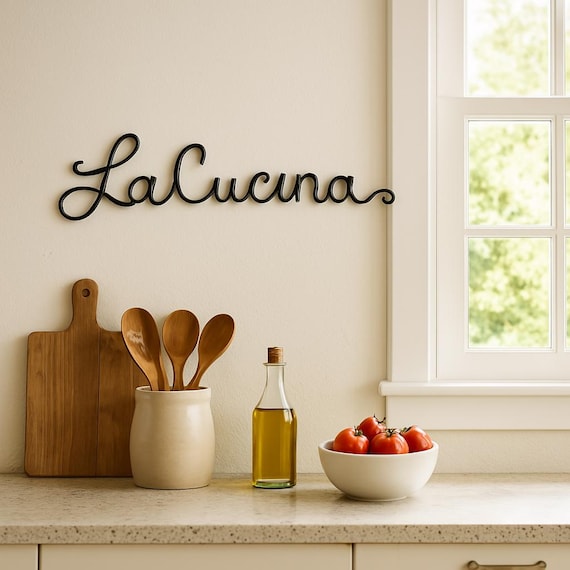 Bent-wire 'La Cucina' sign is the kind of rustic handmade kitchen accent that looks like it costs three times what it does.
