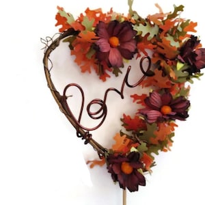 Leafy Burgundy Sunflowers Wedding Cake Topper for Autumn Weddings