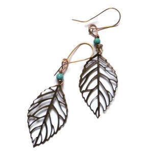 Copper Leaf Dangle Earrings with Turquoise Accent: Boho Nature Jewelry