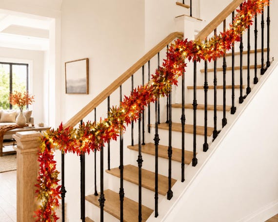 Lighted Fall Leaves Garland With Warm White Lights - Uses AA Batteries