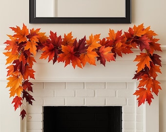 8 Foot Orange Leaves Garland for Fireplace Mantle,  Harvest Table Decor, Staircase Decorations
