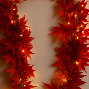 Lighted Fall Leaves Garland With Warm White Lights, Uses AA Batteries